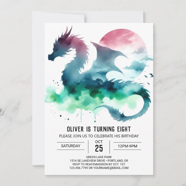 Hand plockade Dragon Birthday Inbjudningar (Framsida)