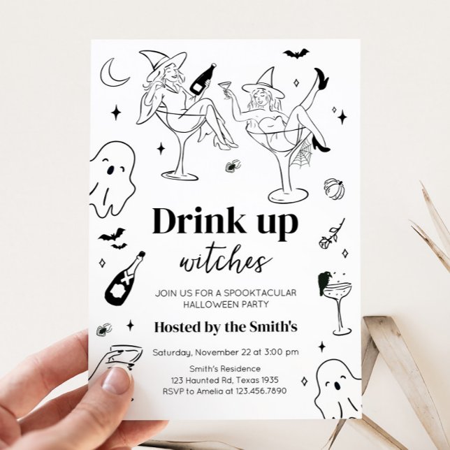 Hand plockade Drink Up Witches Halloween fest Inbjudningar (Hand Drawn Drink Up Witches Halloween Party Invitation)