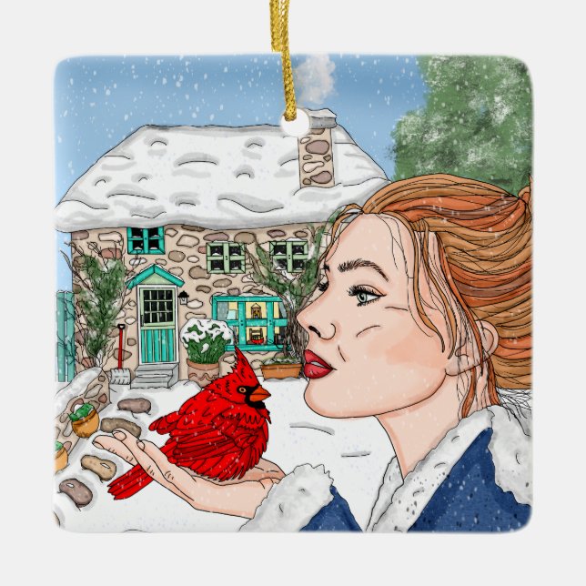 Hand plockade English Cottage and Cardinal Julgransprydnad Keramik (Framsida)