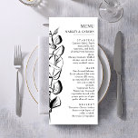 Hand plockade Eucalyptus Sprig Simple Modern Bröll Meny<br><div class="desc">Öka din bröllopsmottagning med vår Hand plockade Eucalyptus Sprig Simple Modern Bröllop Menu, med delikat, handritat eukalyptus grenar och ekologisk konst mot en skarp vit bakgrund. Med det här anpassadet kan du lägga till menyinformation för namn och personlig i bruden och trimningen. Perfekt för modernt, rustiskt eller trädgårdskrävande bröllop, så...</div>