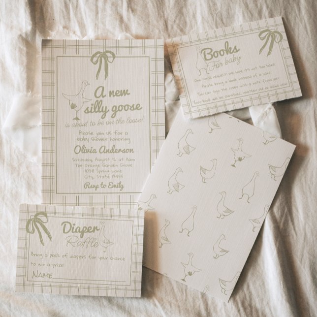 Hand plockade Fånig Goose Neutralt Gingham Baby Sh Inbjudningar (Skapare uppladdad)