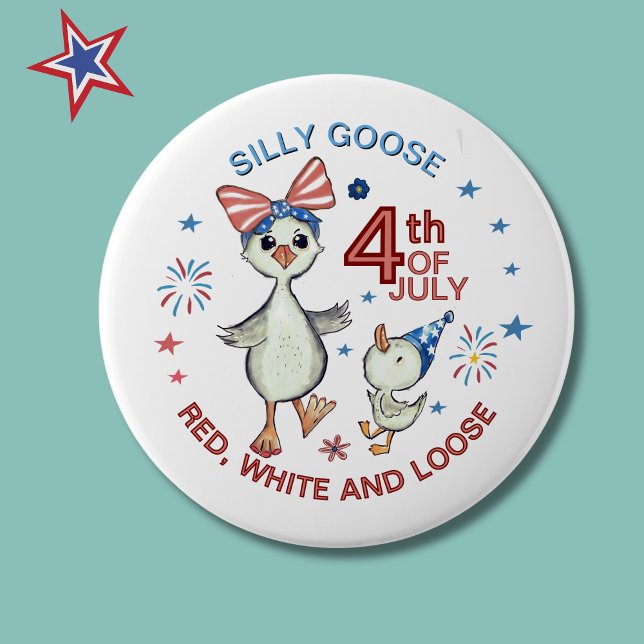 Hand plockade Fånig Mamma Goose 4 juli-knapp Knapp (Hand drawn Silly Mama Goose 4th July Button)