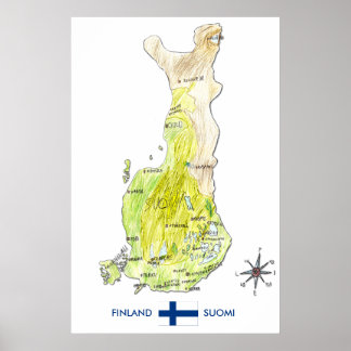 Hand plockade Färg Karta i Finland Poster