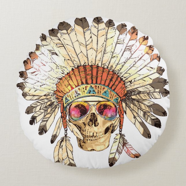 hand plockade Färg Native Indian Headdress  Rund Kudde (Framsidan)