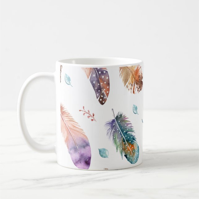Hand plockade Feathers: White Background Mönster Kaffemugg (Vänster)