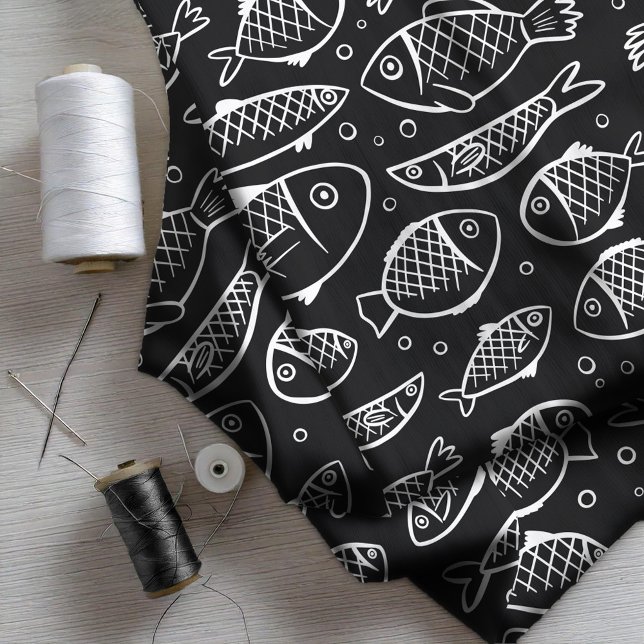 Hand plockade Fish and Bubbles Black and White ID4 Tyg (Skapare uppladdad)