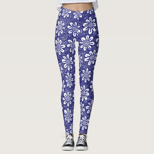 Hand plockade Flower Mönster 140617 - Deep Navy Leggings (Framsida)
