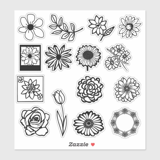 Hand plockade Flower Stickers | Svartvit Klistermärken (Ark)