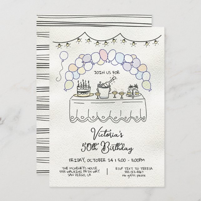 Hand plockade Födelsedagsfest för visemisk Vuxen Inbjudningar (Fram/baksida)