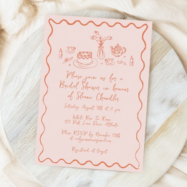 Hand plockade Food and Drinks Doodles Möhippa Brun Inbjudningar (whimsical food and drink doodles bridal shower invitation in light peach)