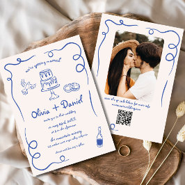 Hand plockade-fotot QR-kod Blue Whimsical Bröllop Inbjudningar