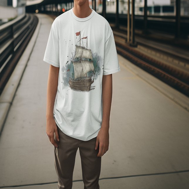 Hand plockade Frakt i kupongvåg i Stänk-bakgrunden T Shirt (Hand Drawn Ship T-Shirt)