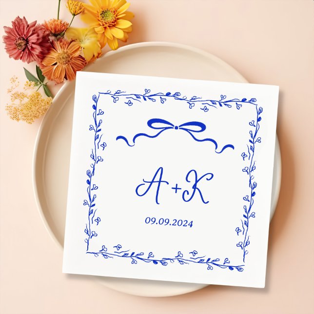 Hand plockade Fransk Blue Bröllop Monogram Pappersservett (Skapare uppladdad)