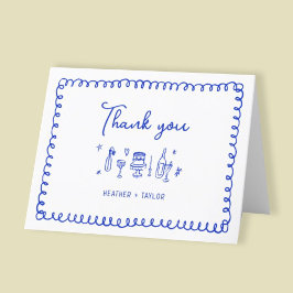 Hand plockade Fransk Blue Roligt Whimsical Bröllop Tack Kort
