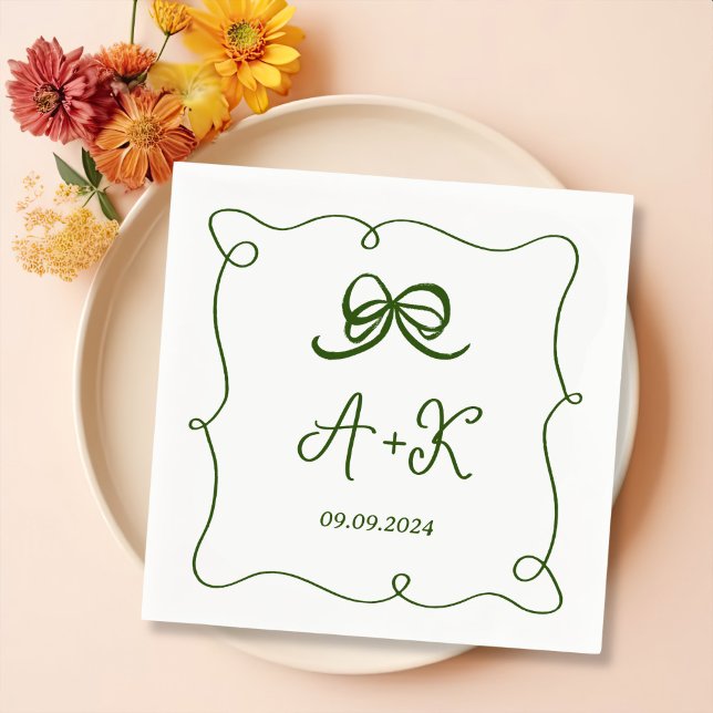 Hand plockade Fransk Grönt Bröllop Monogram Pappersservett (Skapare uppladdad)