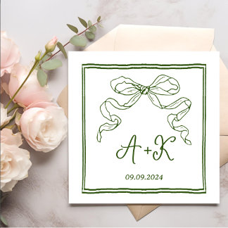 Hand plockade Fransk Grönt Bröllop Monogram Pappersservett