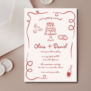 Hand plockade Fransk Quirky Red Whimsical Bröllop Inbjudningar
