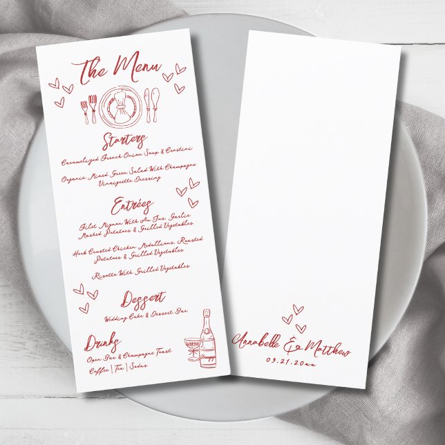 Hand plockade Fransk Red Whimsical Bröllop Meny (Hand Draw French Red Whimsical Wedding Menu)
