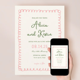 Hand plockade Franskens Rosa och Grönt Bröllop Inbjudningar