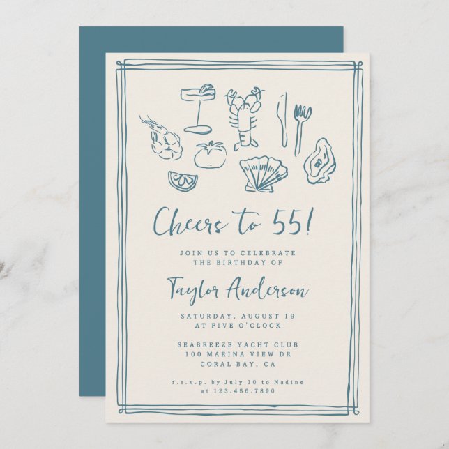 Hand plockade Funky Nautical Beach 55 Birthday Inbjudningar (Fram/baksida)