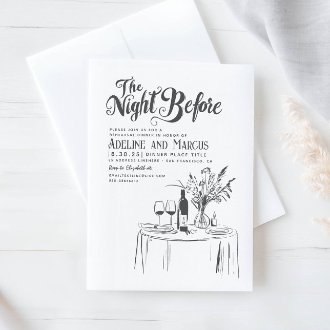 Hand plockade Funky Vitmisk repetitionsmiddag Inbjudningar (Hand Drawn Funky Rehearsal Dinner Invitation)