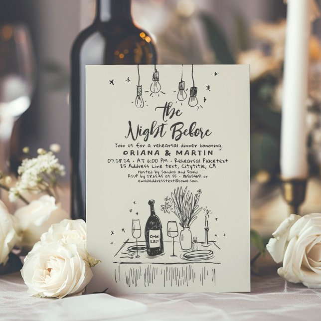 Hand plockade Funky Vitmisk repetitionsmiddag Inbjudningar (Hand Drawn Funky Retro Rehearsal Dinner Invitation)