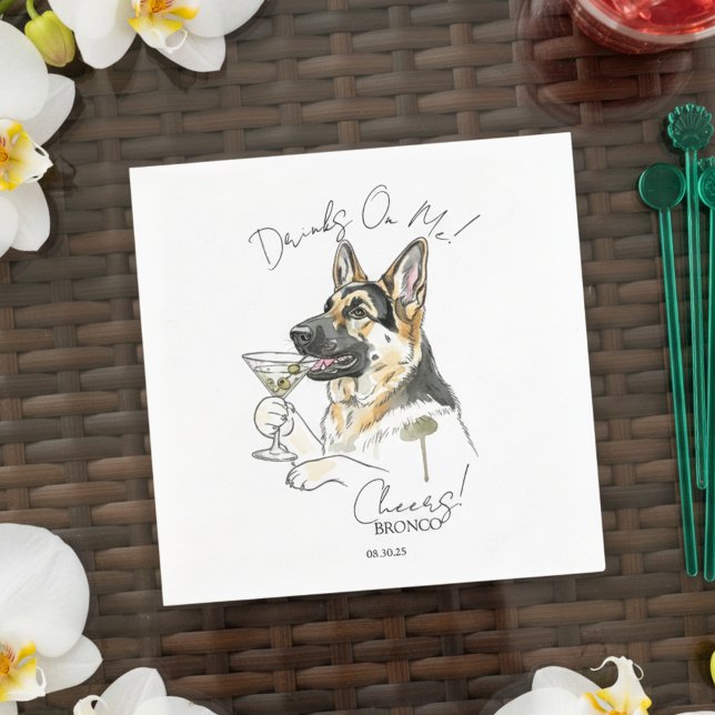 Hand plockade German Shepherd Martini Open Pub Pappersservett (Toast your pet with this custom hand drawn german shepherd martini cocktail napkin!)
