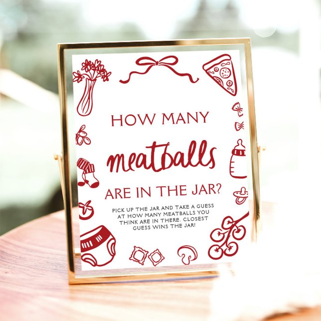 Hand plockade gissar hur många köttbullar babyskor poster (Hand Drawn Guess How Many Meatballs Baby Shower Sign)