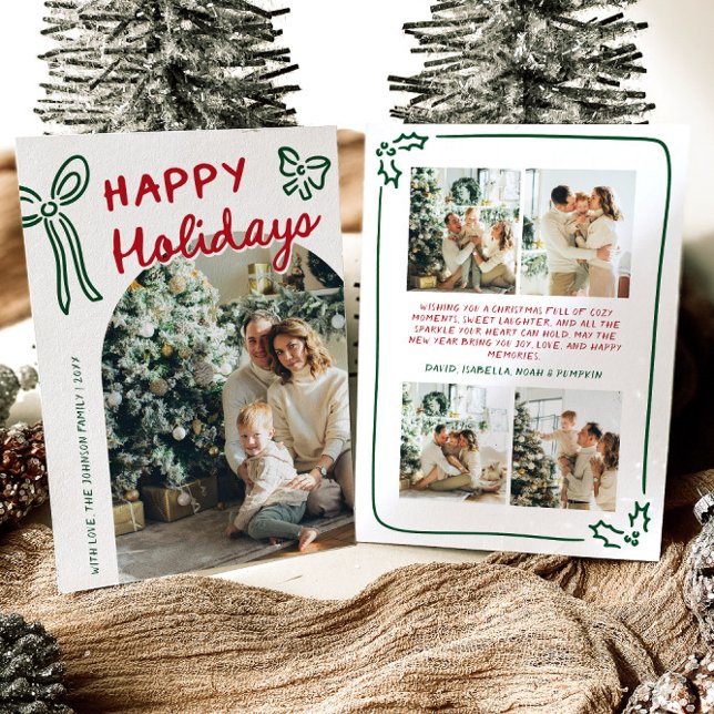 Hand plockade Glad helg Arch Photo jul Julkort (Whimsical Hand Drawn Arch Photo Merry Christmas Holiday Card)