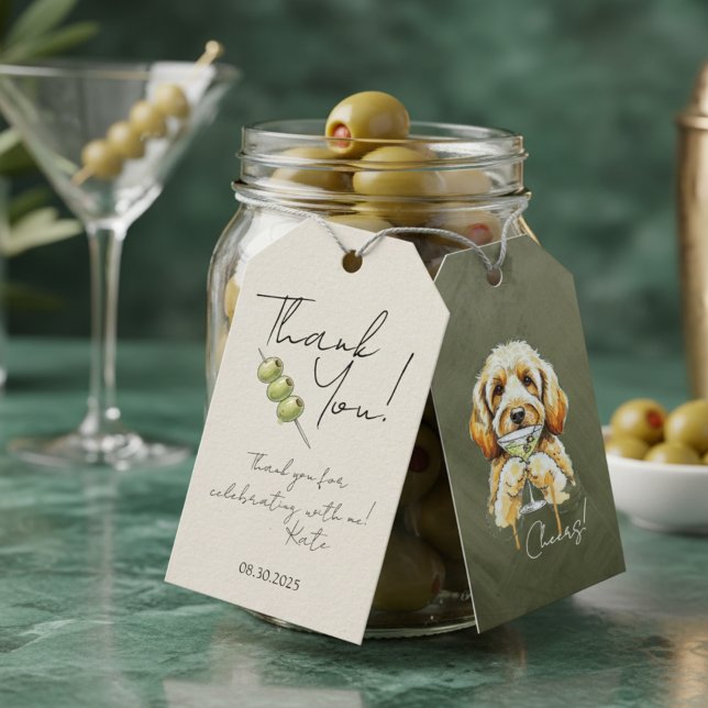 Hand plockade Golden Doodle Dirty Martini Tack Presentetikett (Celebrate the occasion with this custom hand drawn golden doodle martini gift tag!)