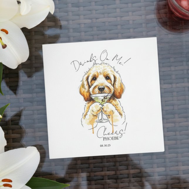 Hand plockade Golden Doodle Martini Open Pub Cockt Pappersservett (Toast your pet with this custom hand drawn golden doodle martini cocktail napkin!)