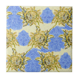 Hand plockade Golden Flowers med blå bakgrund Kakelplatta
