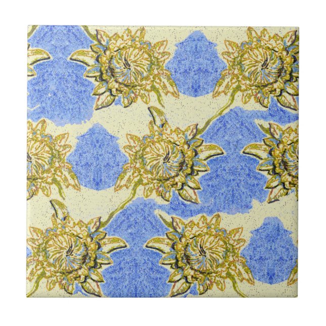 Hand plockade Golden Flowers med blå bakgrund Kakelplatta (Framsidan)