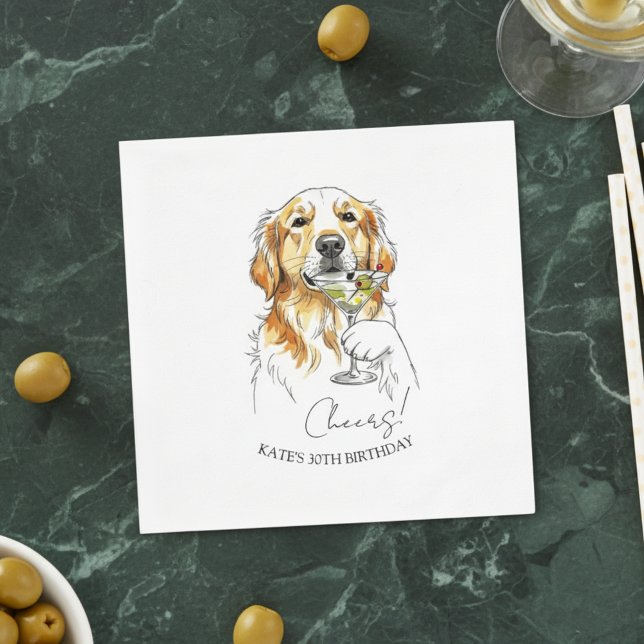 Hand plockade Golden Retriever Dirty Martini Cockt Pappersservett (Celebrate with this custom hand drawn golden retriever martini cocktail napkin.!)