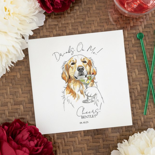 Hand plockade Golden Retriever Martini Open Pub Pappersservett (Toast your pet with this custom hand drawn golden retriever martini cocktail napkin!)