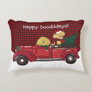 Hand plockade Goldendoodles Red jul Lastbil Prydnadskudde
