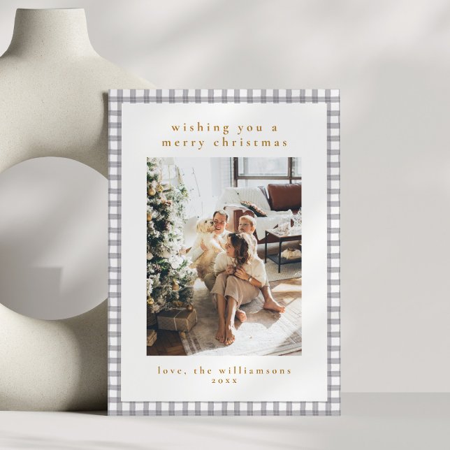 Hand plockade Grått Gingham-familjens julfoto Julkort (Skapare uppladdad)
