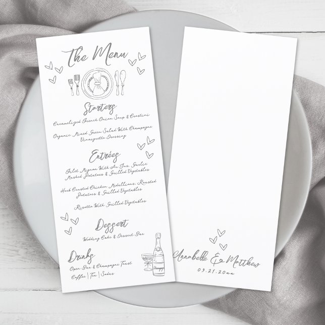 Hand plockade Grått Whimsical Bröllop Meny (Hand Drawn Gray Whimsical Wedding Menu )