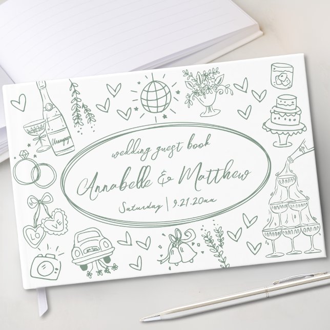 Hand plockade Grönt Whimsical Bröllop Gästböcker (Hand Drawn Green Whimsical Wedding Guest Book)