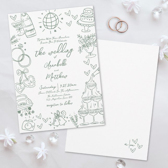 Hand plockade Grönt Whimsical Bröllop Inbjudningar (Hand Drawn Green Whimsical Wedding Invitation)