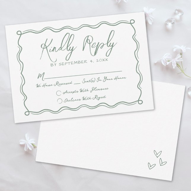 Hand plockade Grönt Whimsical Bröllop OSA Kort (Hand Drawn Green Whimsical Wedding RSVP Card )