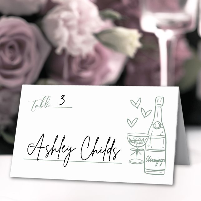 Hand plockade Grönt Whimsical Bröllop Placeringskort (Hand Drawn Green Whimsical Wedding Place Card)