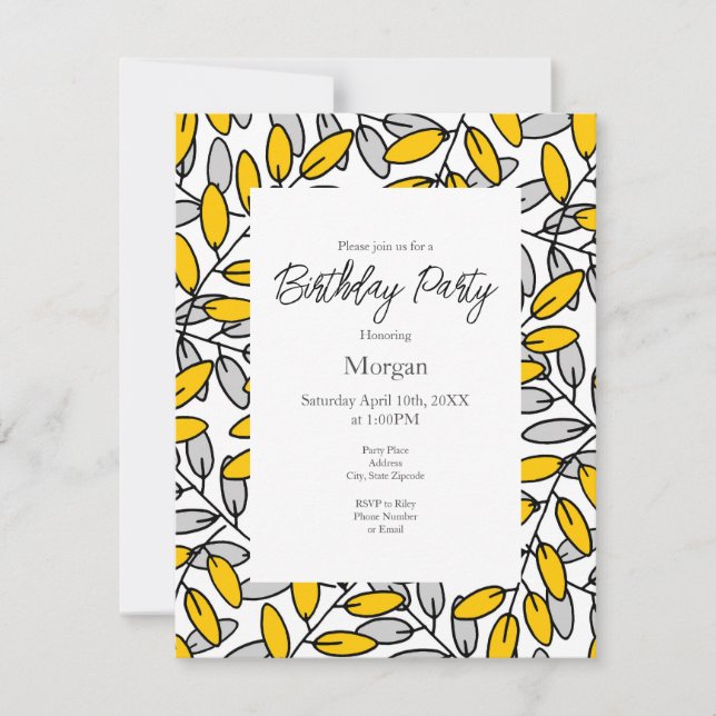 Hand plockade Gult Grått Löv Mönster Inbjudningar (Framsida)