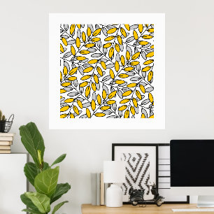 Hand plockade Gult Grått Löv Mönster Poster