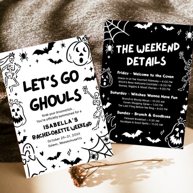 Hand plockade Halloween Bachelorette Helg Party Inbjudningar (Hand Drawn Halloween Bachelorette Weekend Party Invitation)