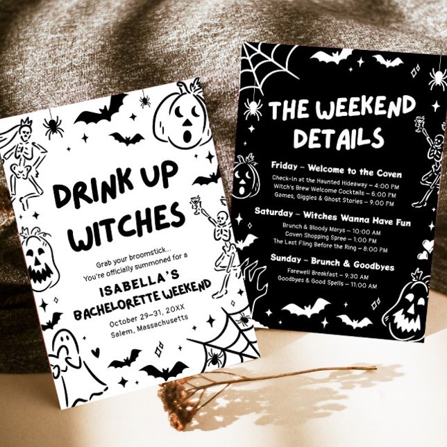 Hand plockade Halloween Bachelorette Helg Party Inbjudningar (Hand Drawn Halloween Bachelorette Weekend Party Invitation)
