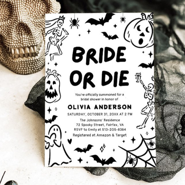 Hand plockade Halloween Skeleton Ghost Möhippa Inbjudningar (Hand Drawn Halloween Skeleton Ghost Bridal Shower Invitation)