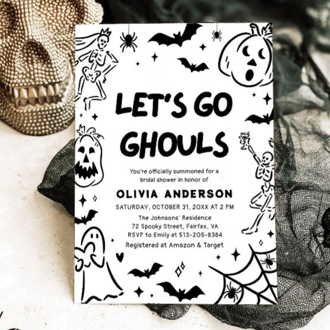 Hand plockade Halloween Skeleton Ghost Möhippa Inbjudningar (Hand Drawn Halloween Skeleton Ghost Bridal Shower Invitation)