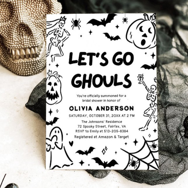 Hand plockade Halloween Skeleton Ghost Möhippa Inbjudningar (Hand Drawn Halloween Skeleton Ghost Bridal Shower Invitation)