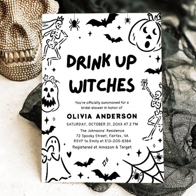 Hand plockade Halloween Skeleton Ghost Möhippa Inbjudningar (Hand Drawn Halloween Skeleton Ghost Bridal Shower Invitation)